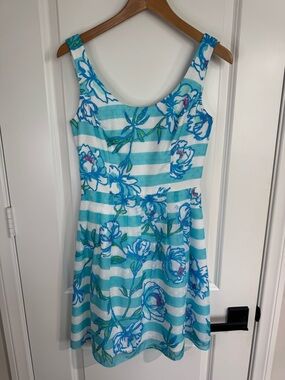 Lilly Pulitzer  Fit And Flare Dress Blue Floral Stripe Coastal Chic Size 2